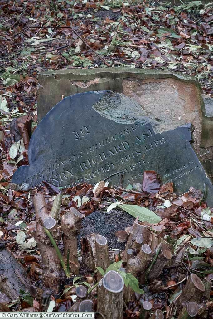 This close-up shot shows a broken and weathered gravestone in Brompton Cemetery, United Kingdom, amidst fallen leaves and cut tree branches. The dark, fractured stone bears a partially legible inscription commemorating "HENRY RICHARD ASH" who "DEPARTED THIS LIFE" in 1871.