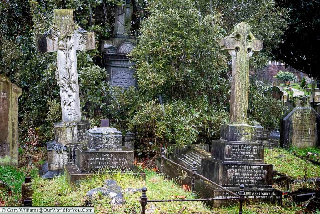 This image captures a view within Brompton Cemetery, where weathered gravestones are nestled among lush, overgrown greenery. The scene includes a mix of Celtic crosses and other monuments, creating a serene yet aged atmosphere.