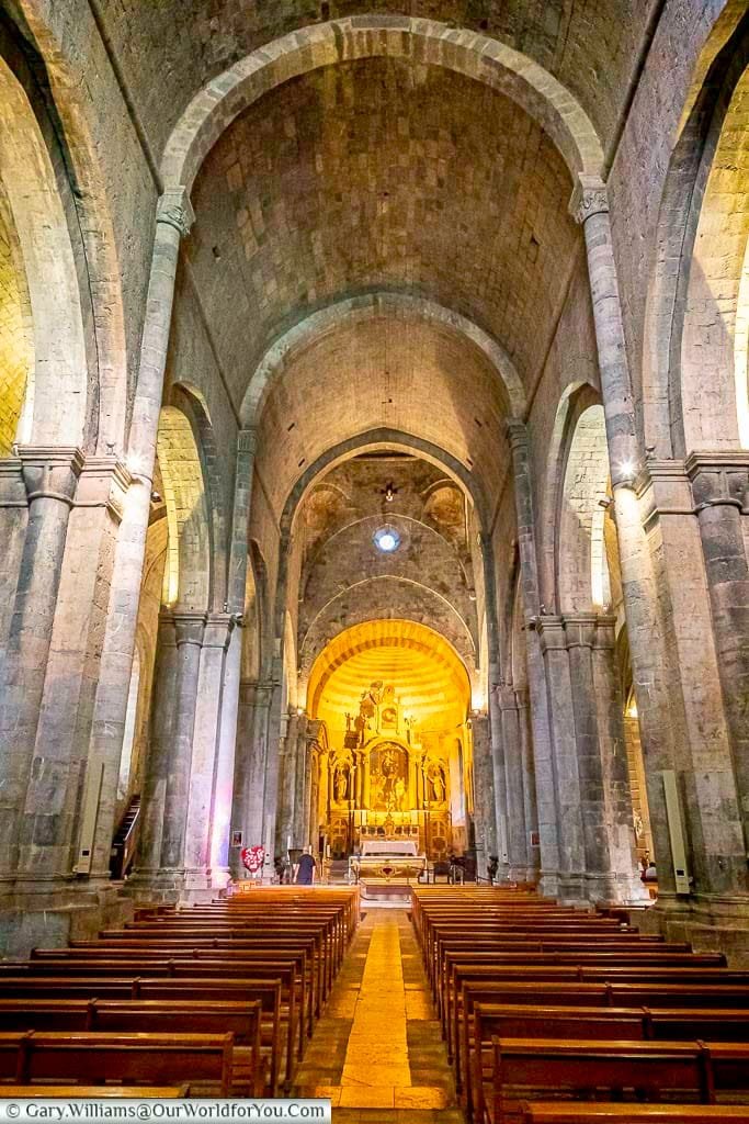 The magnificent nave of the Church of Notre-Dame-des-Pommiers in Sisteron, Provence, France, showcases impressive stone columns supporting high, arched vaulted ceilings and leading towards a warmly illuminated altar. Rows of wooden pews fill the expansive interior, inviting contemplation of the historic Romanesque and Gothic architecture of this iconic French religious site.