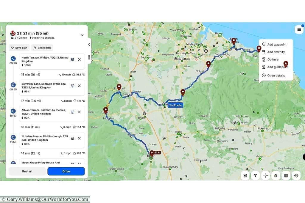 A detailed ABRP (A Better Routeplanner) map route shows a 95-mile electric vehicle road trip through North Yorkshire, starting in Whitby and ending near Ripon with multiple scenic waypoints. The map highlights driving time, battery percentages, and weather conditions, ideal for planning efficient and picturesque EV journeys in the UK.