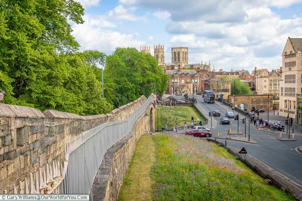 A picturesque view of York’s medieval city walls leading towards the stunning York Minster, with blooming wildflowers and bustling streets below. This iconic scene captures the historic charm and vibrant atmosphere of York, making it a must-visit destination in Yorkshire, England.