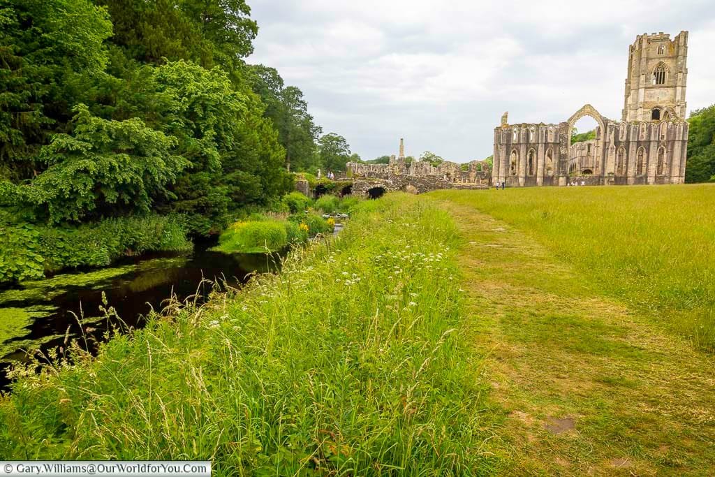 A serene riverside path leads to the awe-inspiring ruins of Fountains Abbey in Yorkshire, surrounded by lush greenery and wildflowers. This scenic view captures the tranquil beauty and historical grandeur of one of England’s most iconic UNESCO World Heritage Sites.