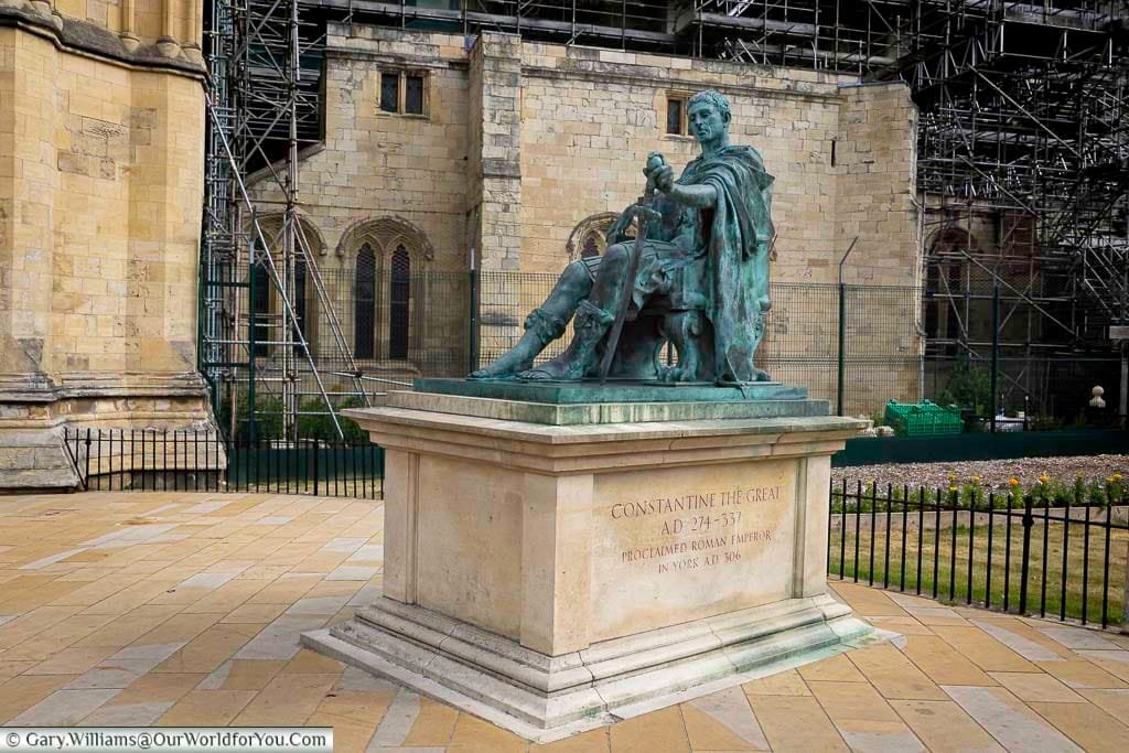 Bronze statue of Constantine the Great outside York Minster, marking the site where he was proclaimed Roman Emperor in AD 306. This striking monument is one of York’s most famous historic attractions.