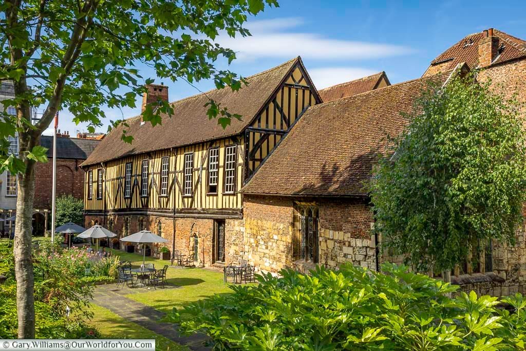 The medieval Merchant Adventurers’ Hall in York, a timber-framed building with a beautiful garden. This historic guildhall is one of the city’s most treasured landmarks.