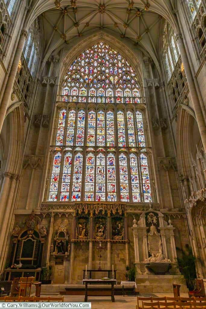 The Great East Window of York Minster, the largest expanse of medieval stained glass in the world. Its vivid biblical scenes make it one of the most iconic and unmissable sights in York.