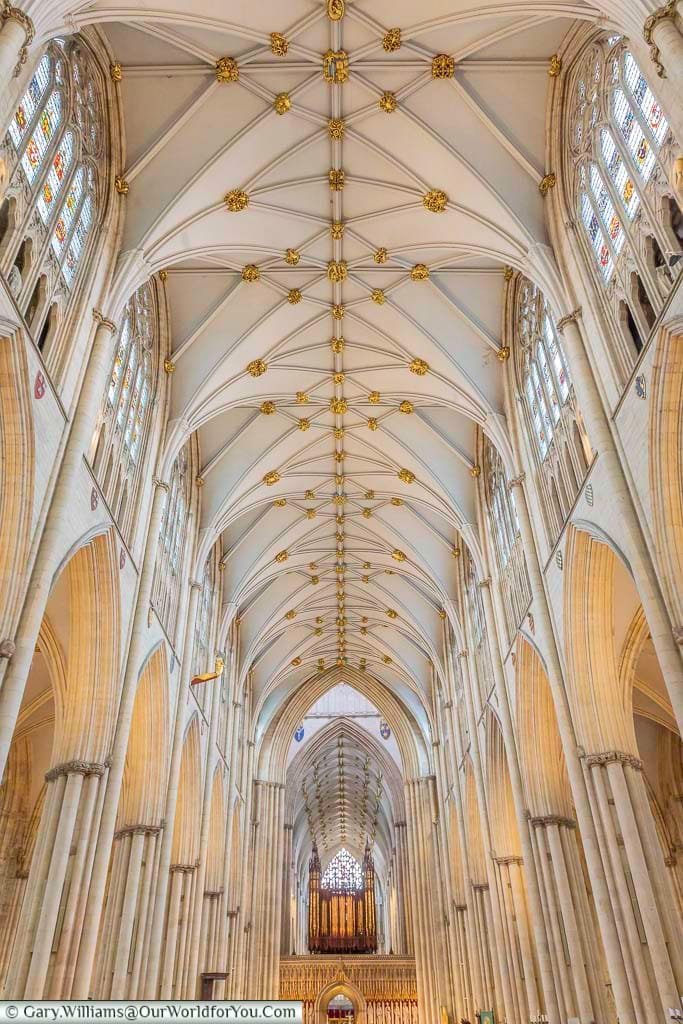 The breathtaking nave of York Minster with soaring vaulted ceilings and golden details, showcasing the beauty of Gothic architecture. A highlight of any York sightseeing tour, this space reflects the cathedral’s historic and spiritual significance