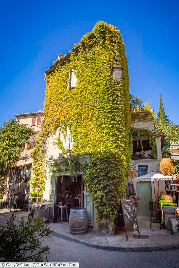 An ivy-covered shopfront and wine bar invite passersby to stop and explore the artistic village of Lourmarin in the Luberon. With its rustic architecture and boutique cafés, Lourmarin is a gem of Provence.
