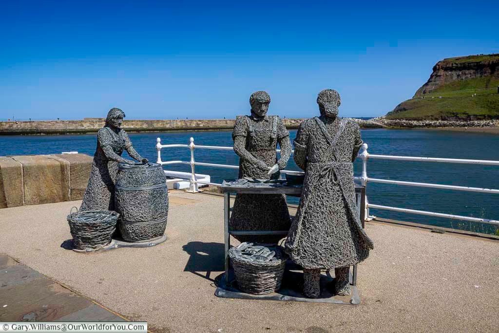 A striking wire sculpture commemorates the Whitby ‘Herring Girls’, paying tribute to the town’s rich fishing heritage. Set against the harbour and open sea, it's a moving and artistic coastal landmark.