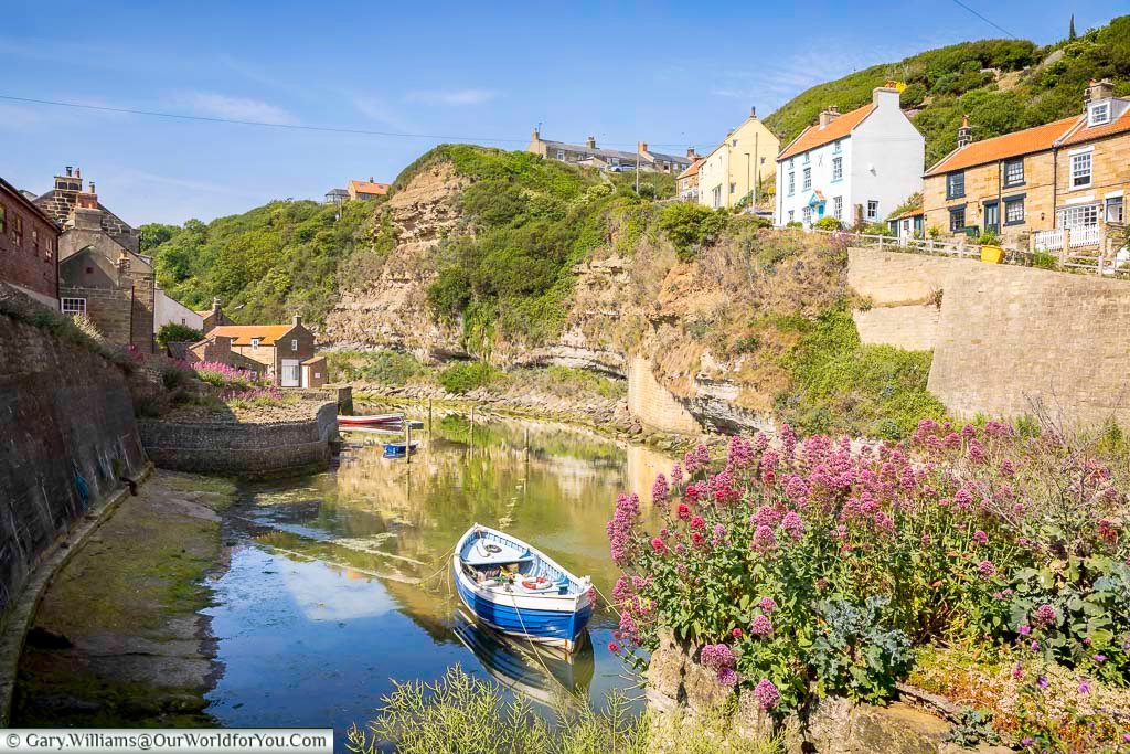 Colourful fishing boats rest quietly in the calm waters of Staithes Beck, surrounded by vivid pink wildflowers. This tranquil scene showcases the idyllic charm of this North Yorkshire fishing village.