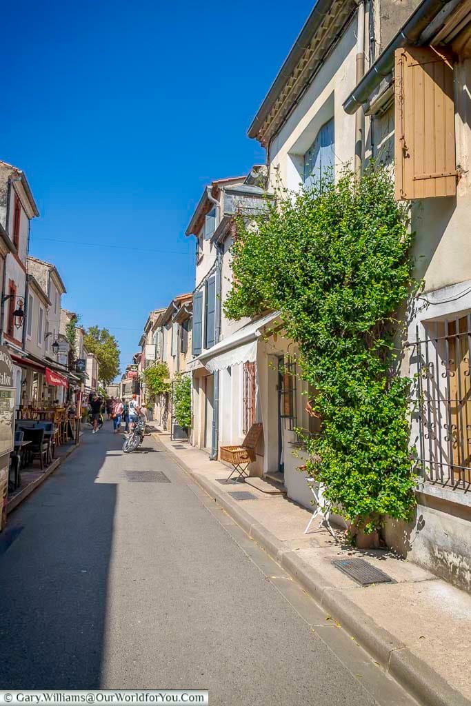 A picturesque narrow street in Aigues-Mortes lined with pastel-hued shutters, leafy greenery, and inviting outdoor seating. This charming medieval lane captures the essence of small-town life in southern France.