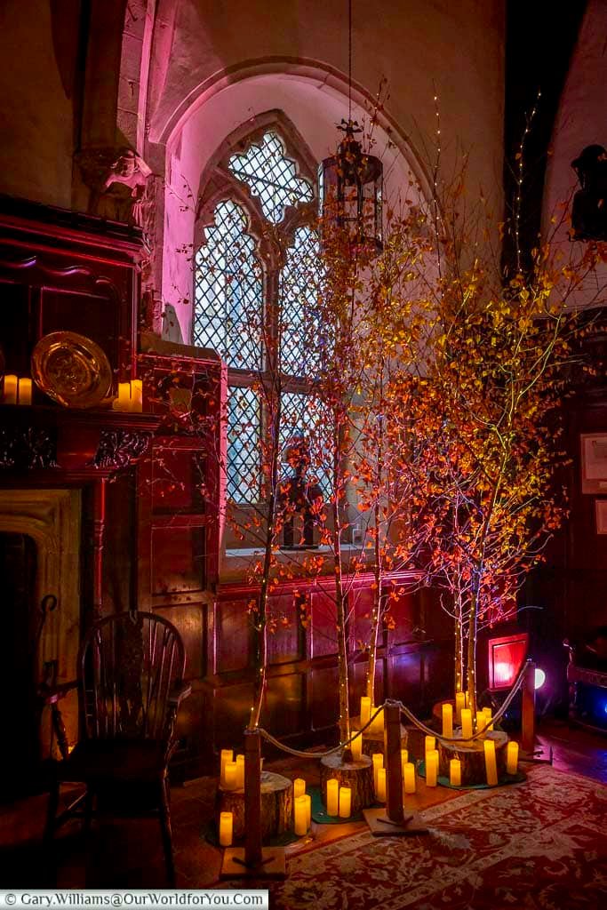 A candlelit seasonal installation with branches and warm lighting evokes ancient pagan winter traditions inside Ightham Mote. The atmospheric display adds depth to the estate’s Christmas storytelling and medieval heritage.