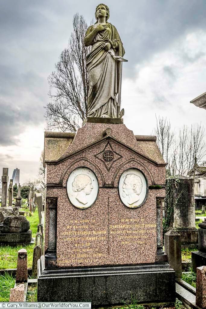 The decorative headstone of the Blondin family including Charles, the famous tightrope walker.