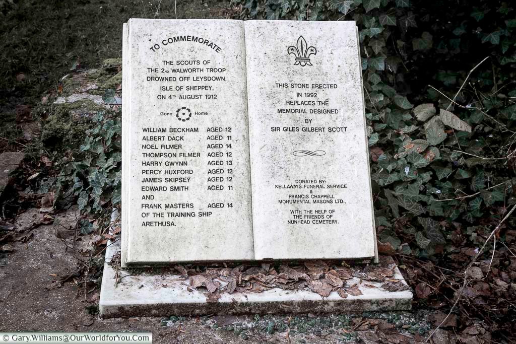 The memorial stone commemorates the Leysdown Scout Troop tragedy of 1912, remembering young lives lost off the Isle of Sheppey. Located in Nunhead Cemetery, this poignant monument is a powerful reminder of Edwardian-era loss and community grief.