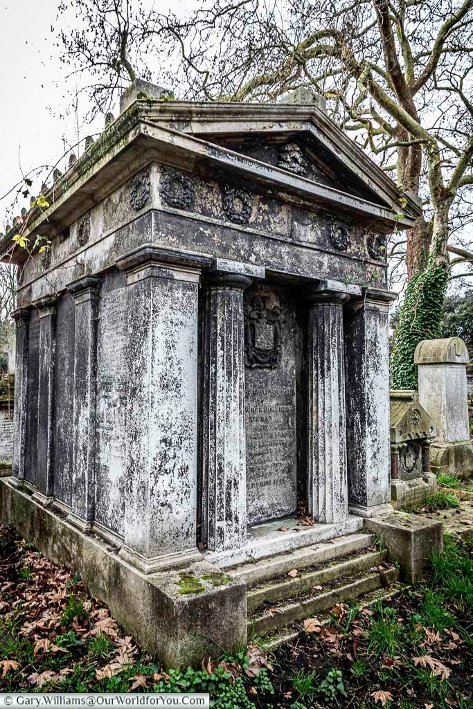 The weathered family crypt of the Robertson Aikman at Kensal Green Cemetery