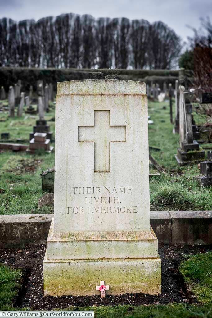 A stone within the Commonwealth War Graves Commission section of Kensal Green Cemetery with the inscription 'There Name Liveth for Evermore'
