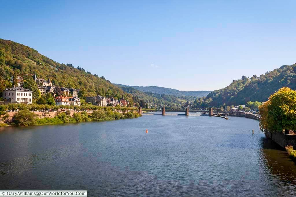 Wide scenic panorama of the River Neckar winding through Heidelberg, framed by wooded hills and riverside villas. The tranquil waterway and distant bridges create a classic postcard view of Heidelberg in southern Germany.