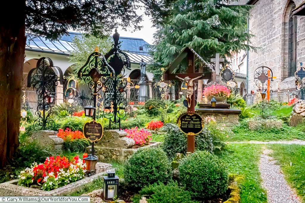 Headstones in the St Sebastian's Cemetery in Salzburg, Austria