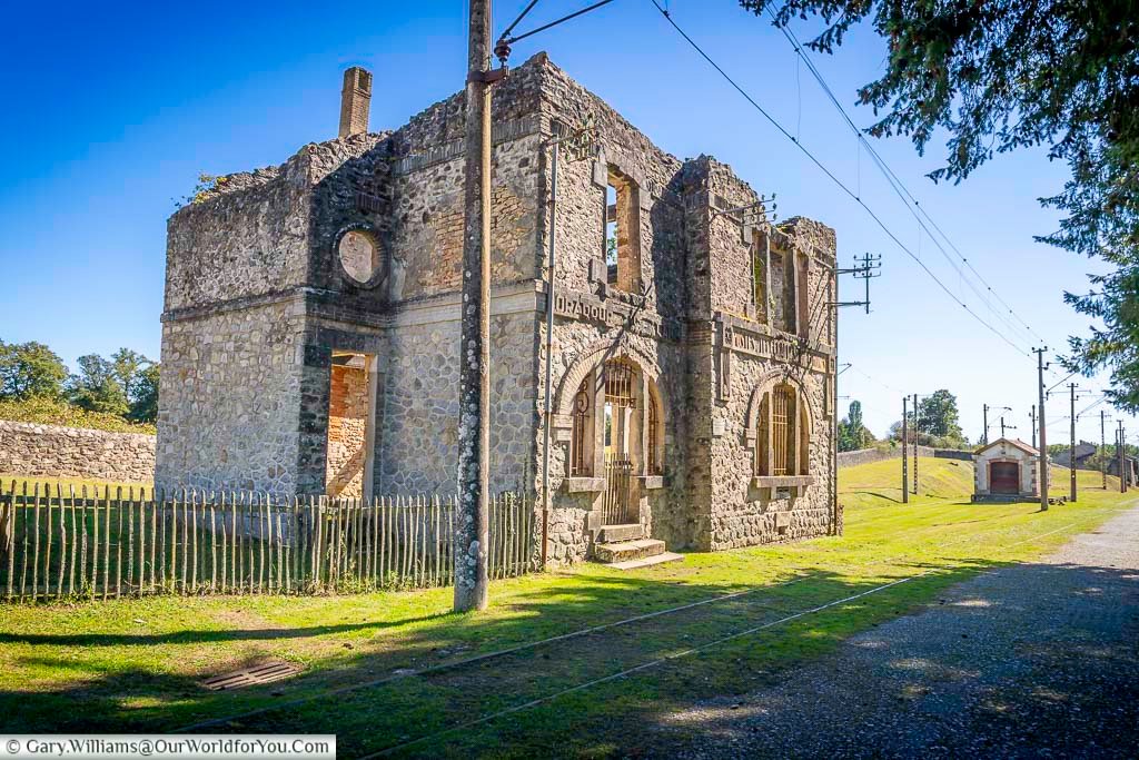The remains of the old post office in Oradour-sur-Glane, a preserved World War II ruin left standing after the village massacre. The stone building and empty windows offer a stark reminder of the tragedy that occurred here in June 1944.