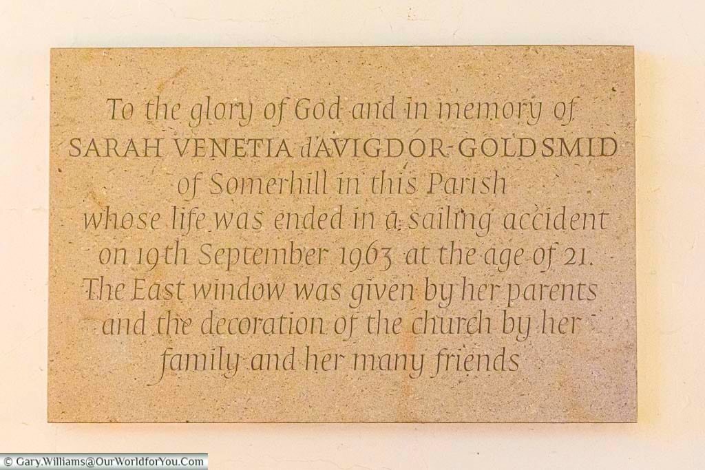 A memorial plaque inside All Saints’ Church, Tudeley, commemorates Sarah d’Avigdor-Goldsmid, whose life inspired the church’s unique stained glass windows by Marc Chagall. This historic dedication highlights the story behind one of Kent’s most remarkable artistic and spiritual landmarks.