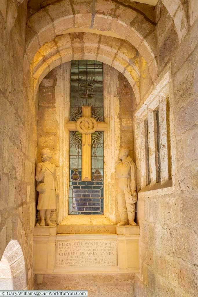 Historic Vyner memorial window inside Fountains Abbey in Yorkshire, featuring carved stone figures, stained glass and a moving tribute to wartime sacrifice. This peaceful memorial within the abbey ruins adds another layer of history to one of the most remarkable National Trust properties in Yorkshire.