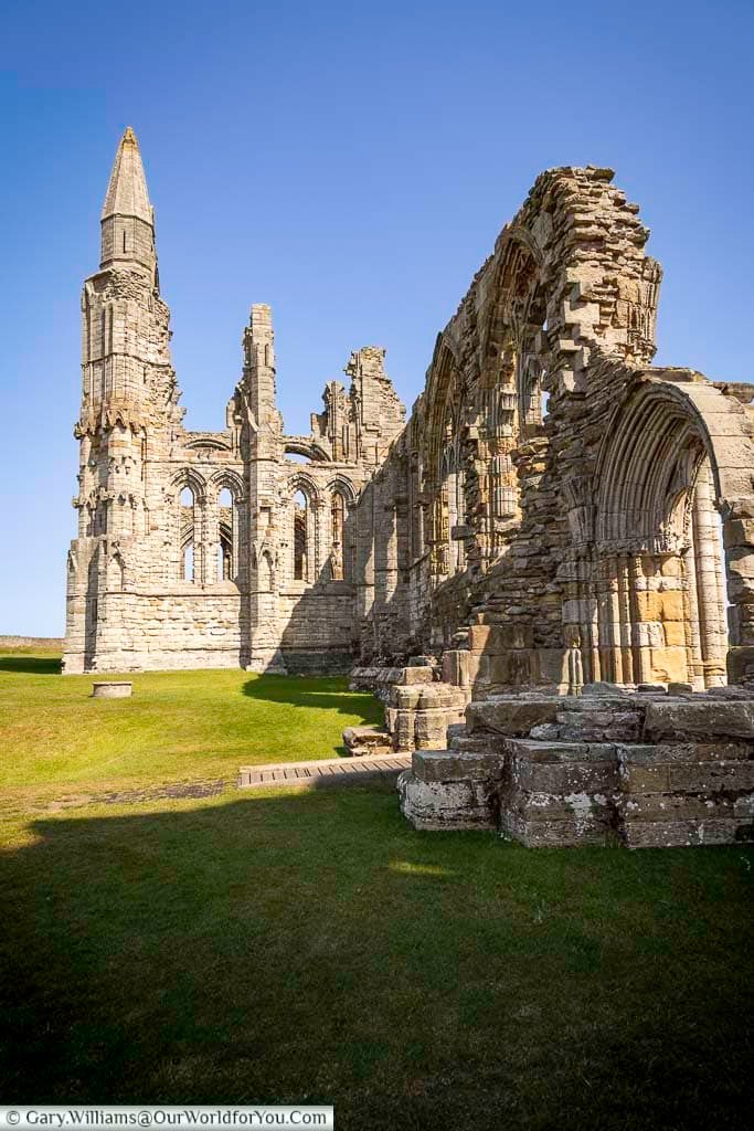 The exterior of Whitby Abbey’s North Transept showcases impressive medieval stonework and the enduring grandeur of this historic monastic site. Set against the Yorkshire coast, the ruins remain one of England’s most remarkable examples of Gothic architecture and heritage preservation.