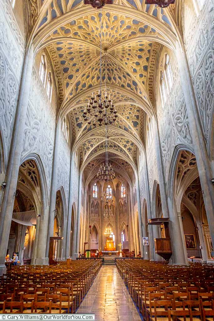 The soaring interior of Cathédrale Saint-François-de-Sales in Chambéry features Gothic arches, an elegant nave and spectacular trompe-l'œil decoration. Intricate painted patterns cover the walls and vaulted ceiling, giving the cathedral an unusually rich and dramatic appearance.