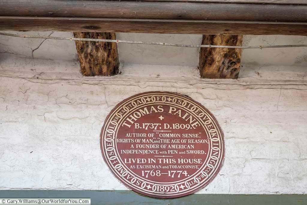 A historic plaque at Bull House in Lewes commemorating Thomas Paine, author of Common Sense and Rights of Man, who lived here from 1768 to 1774.