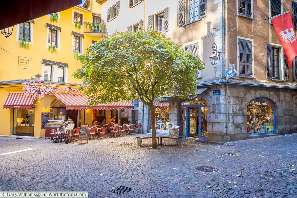 A leafy square on Rue de la Trésorerie in Chambéry is surrounded by colourful historic buildings, cafés and traditional shops. The cobbled setting captures the relaxed atmosphere and architectural charm of Chambéry’s picturesque old town.