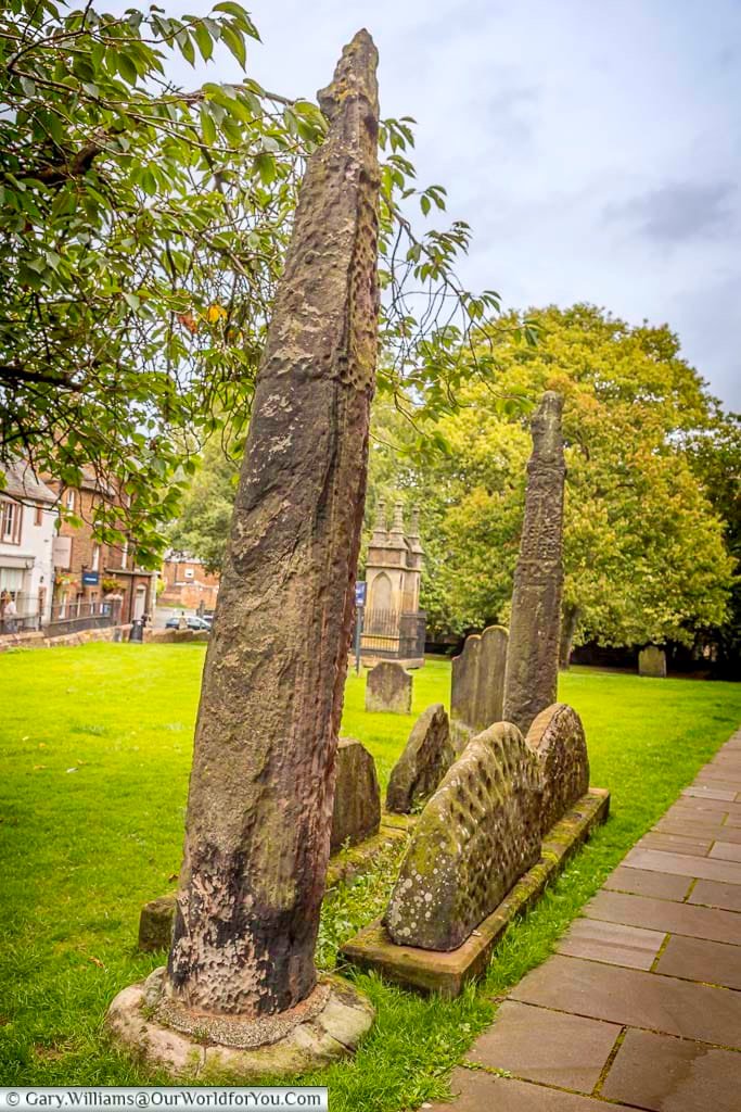 Ancient Viking-era stone monuments and weathered gravestones at the Giant’s Grave in St Andrew’s Churchyard, Penrith, Cumbria. This fascinating historic landmark offers a glimpse into the town’s early medieval heritage.